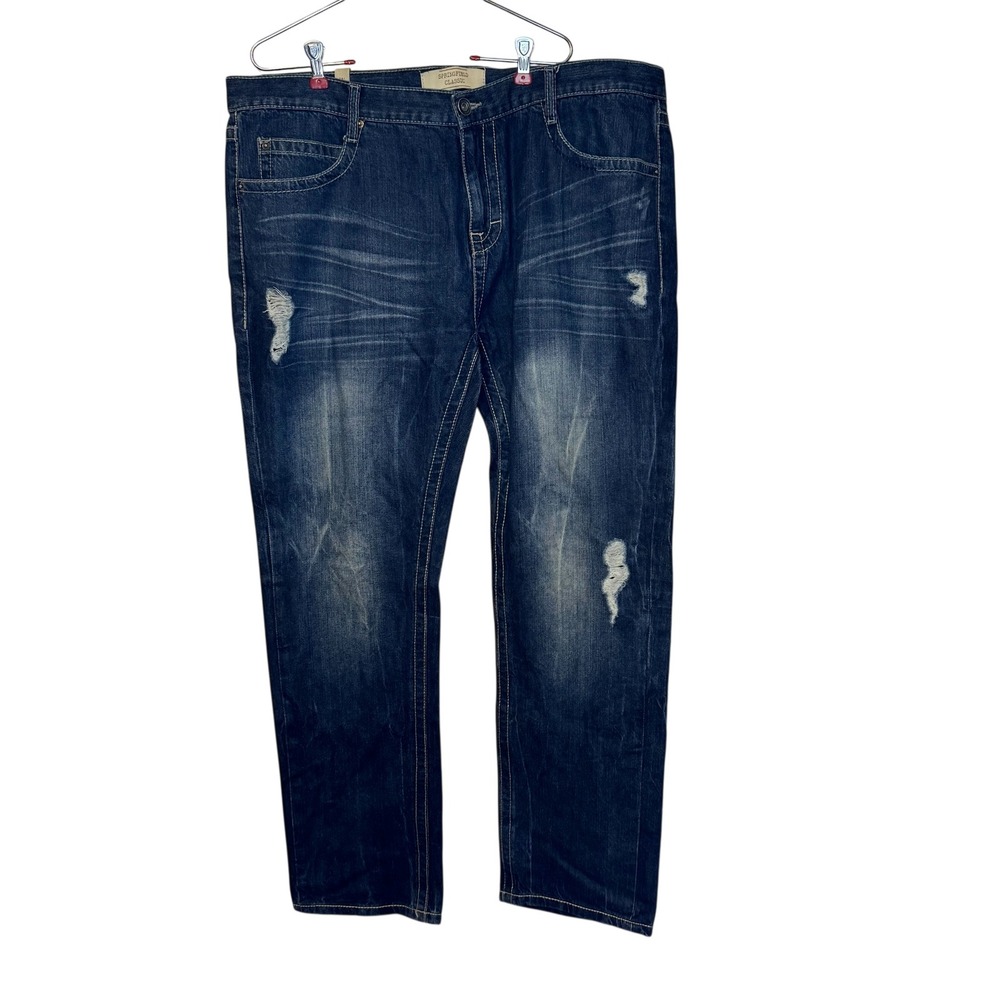 Springfield Men's‎ Jeans Distressed Slim Straight Dark Wash Mid-Rise Blue 42X34